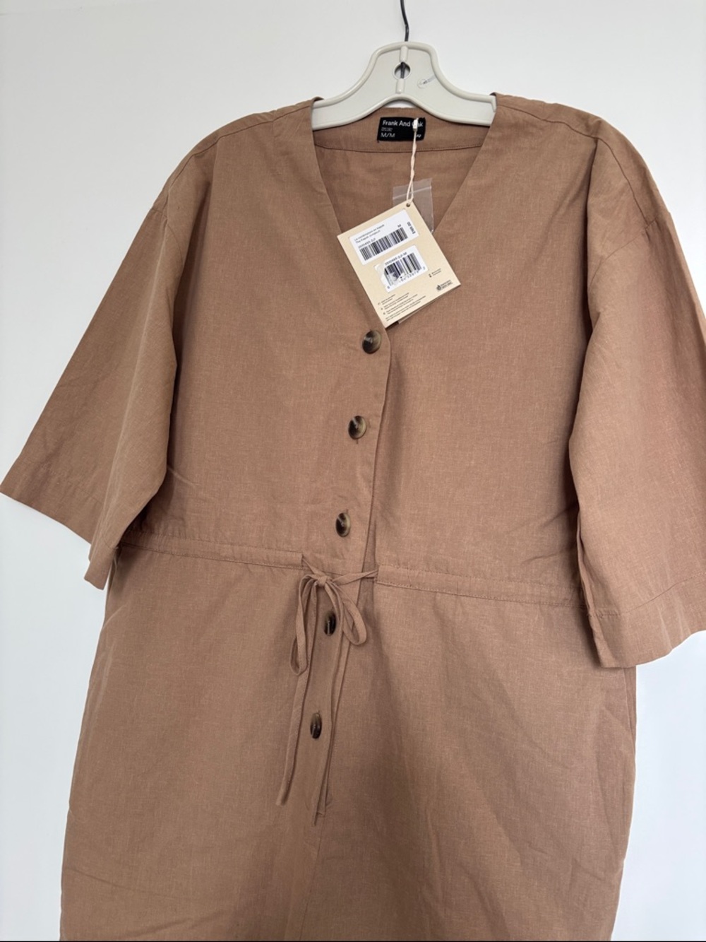 Frank & Oak Women's Cotton-Blend Tan Button-Front Drawstring Jumpsuit - Picture 4 of 5